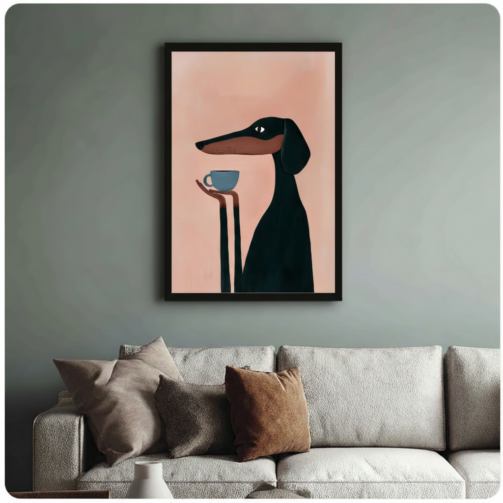 Whimsical dachshund wall art – gallery-grade canvas print perfect for dog lovers and contemporary interiors