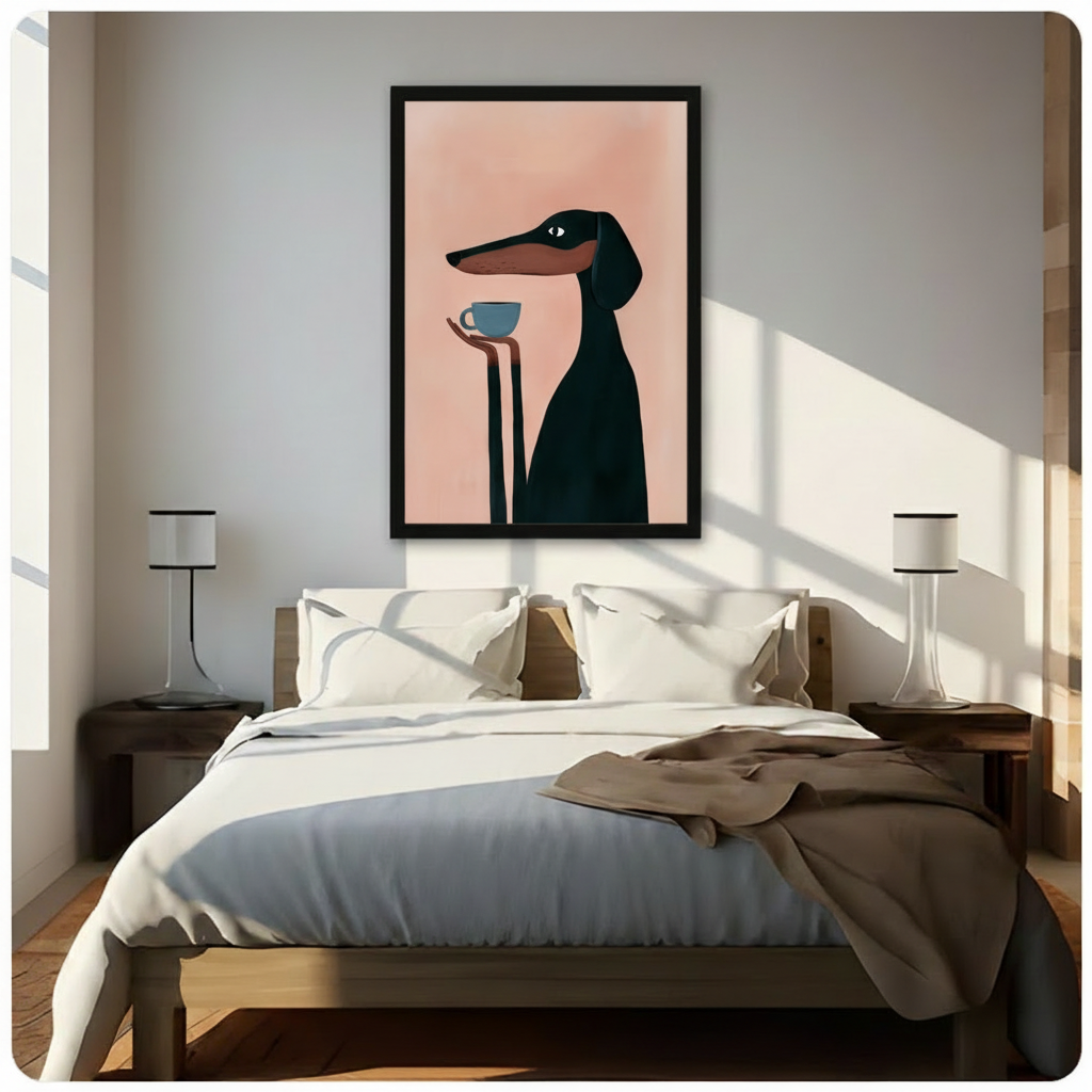 dDachshund with coffee cup canvas art – framed or stretched options 