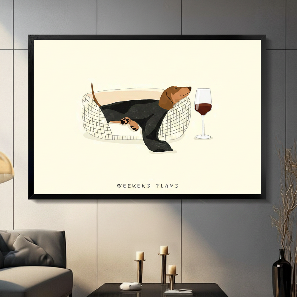 Framed canvas wall art featuring a dachshund relaxing in a dog bed with a glass of red wine, displayed in a modern living room with gray sofa and candlestick decor