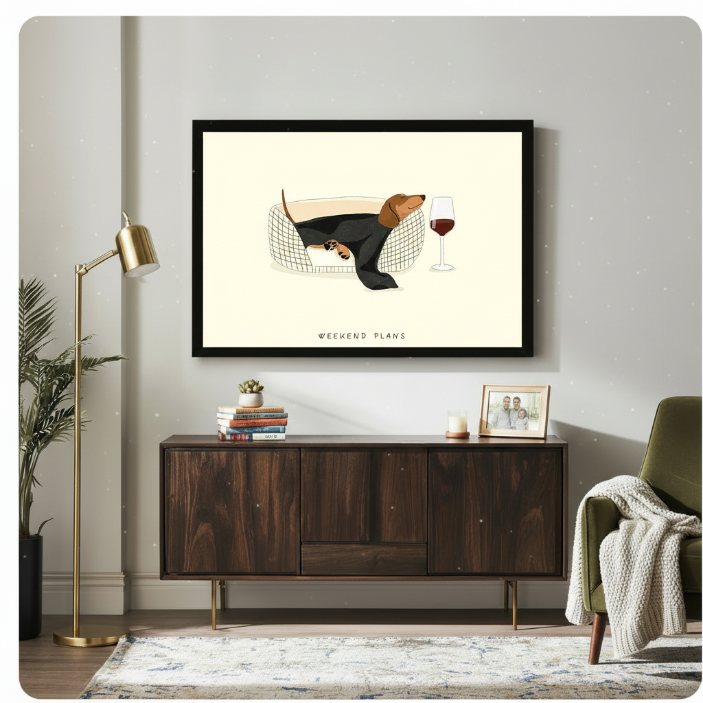 Large framed canvas of a sleeping dachshund with wine glass displayed above a dark walnut sideboard in a stylish living room with gold floor lamp