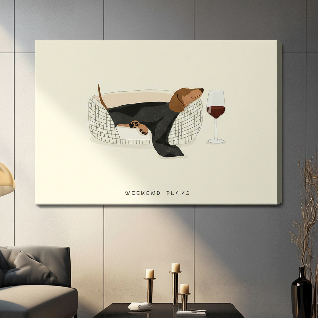 Gallery-wrapped canvas print of a dachshund lounging in a pet bed beside a wine glass, hung in a contemporary gray living room setting