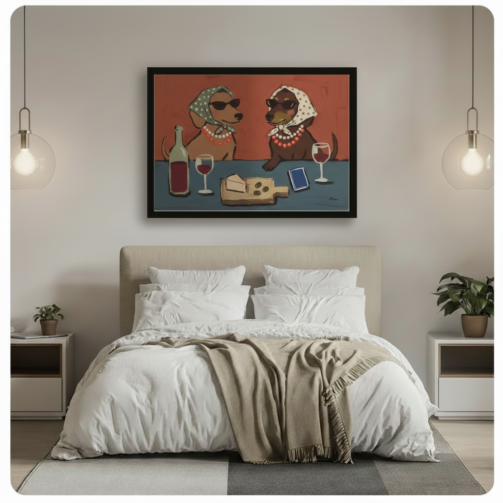 Funny dachshund wine and cheese canvas wall art in black frame displayed above bed as playful bedroom statement piece in modern neutral bedroom with globe pendant lights