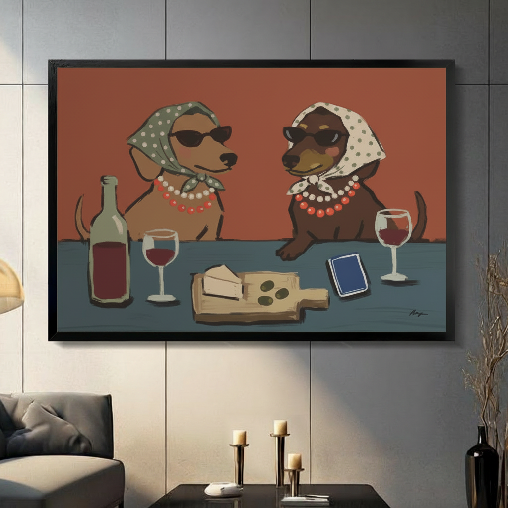 Framed canvas art print of two dachshunds wearing polka dot headscarves and pearl necklaces sharing red wine and cheese — humorous animal wall art for living room