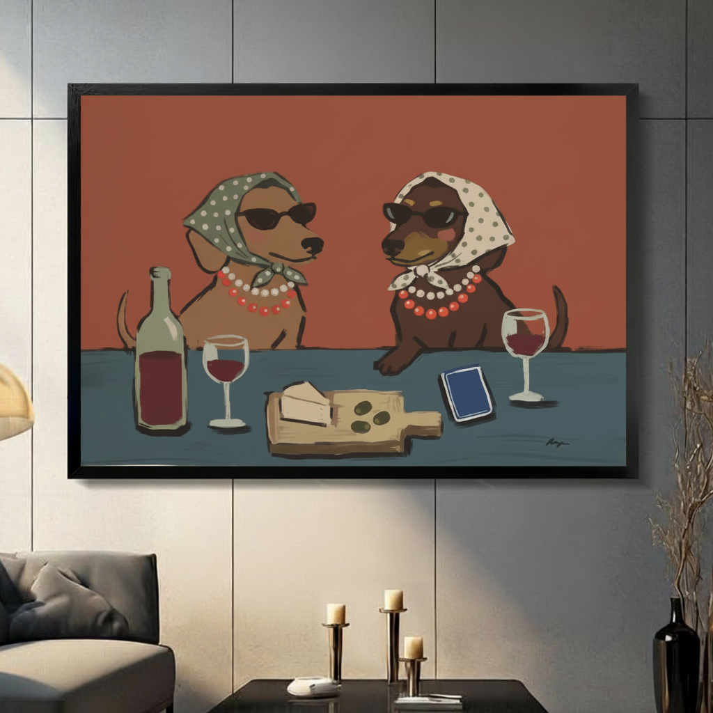 Two fashionable dachshunds drinking wine framed canvas wall art with black wood frame displayed in modern living room with gray panel wall and candlesticks