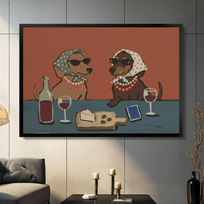 Two fashionable dachshunds drinking wine framed canvas wall art with black wood frame displayed in modern living room with gray panel wall and candlesticks