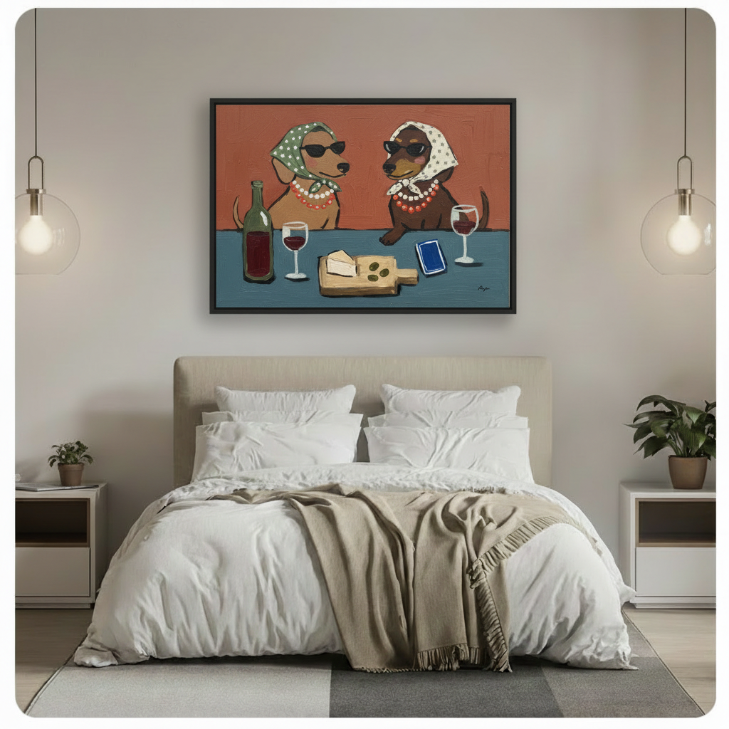 Lifestyle mockup of dachshund wine night framed wall art hung above a bed in a modern bedroom — funny dog canvas print for bedroom decor