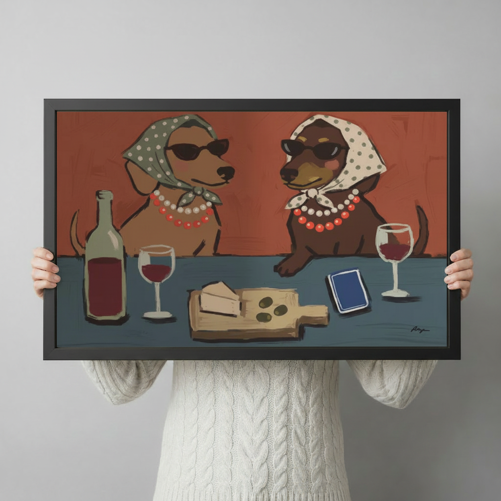 Hand-held preview of whimsical dachshund wine night canvas art in black frame showing two dogs in headscarves with red wine bottle cheese board and playing card detail