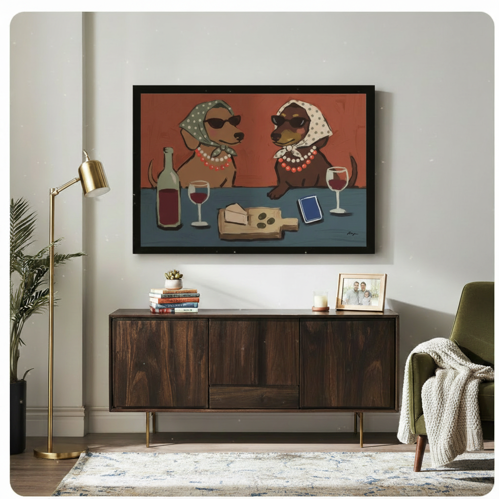 Framed dachshund wine night whimsical canvas art hung above dark walnut sideboard in modern living room with brass floor lamp and green velvet accent chair