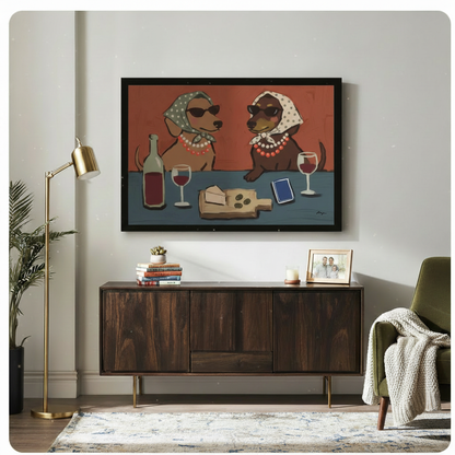 Framed dachshund wine night whimsical canvas art hung above dark walnut sideboard in modern living room with brass floor lamp and green velvet accent chair