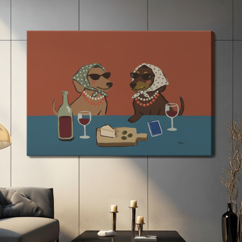 Gallery-wrapped stretched canvas of two stylish dachshunds with sunglasses and pearl necklaces sharing wine and cheese on terracotta and teal background hung on gray panel wall