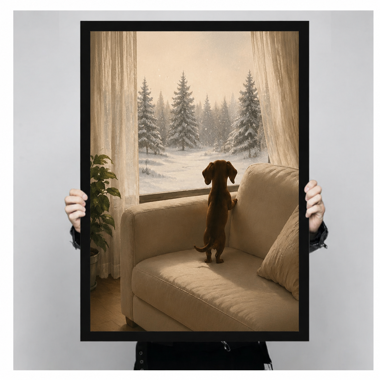 Hand-held framed canvas art print showing a dachshund on a sofa watching snowflakes fall over pine trees through sheer curtains