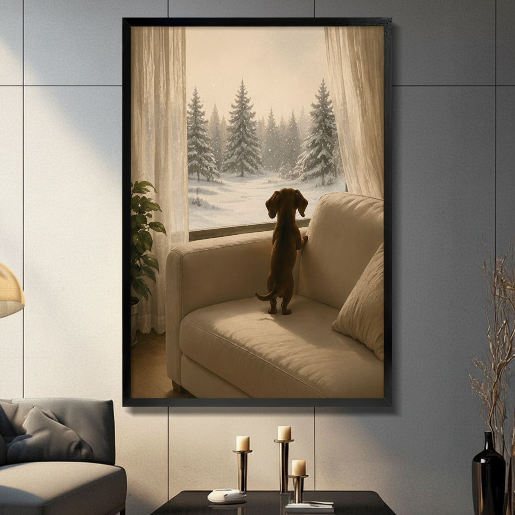 Framed canvas wall art of a dachshund standing on a cream sofa watching snow fall over pine trees through sheer curtains