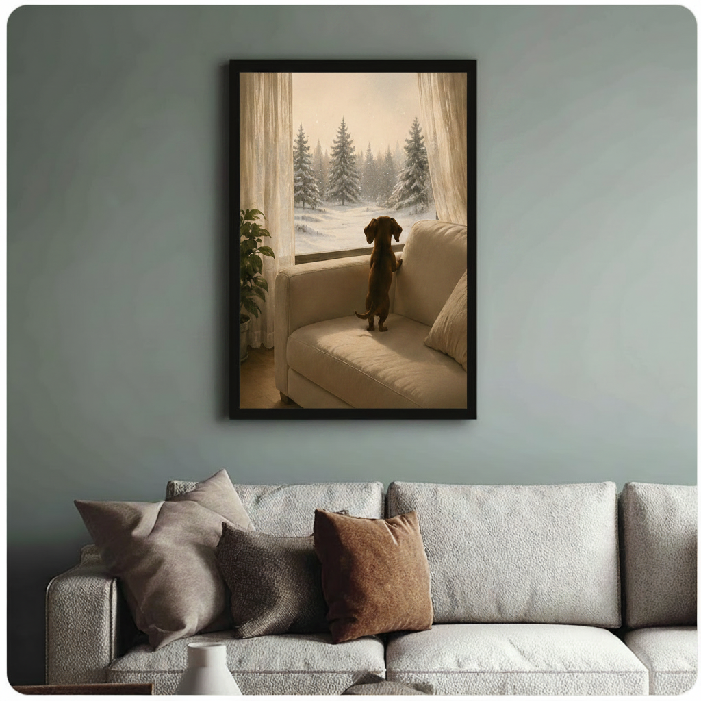 Framed wall art print of a dachshund looking out at a snowy winter landscape, displayed above a sofa in a sage green living room