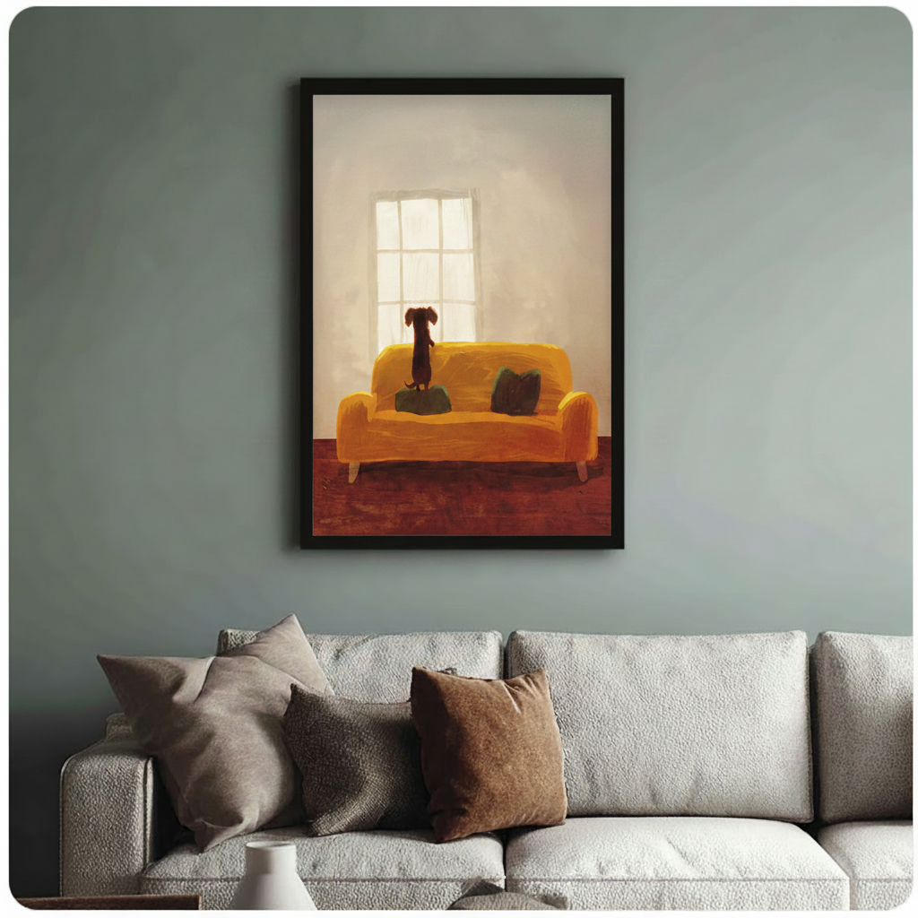 Moody oil painting style wall art print of a dachshund standing on a yellow sofa gazing out the window, displayed in black frame above grey linen couch
