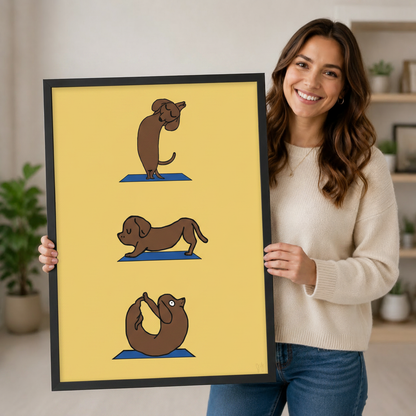Smiling woman holding a large framed canvas print of a cartoon dachshund dog doing yoga on a yellow background, demonstrating print size and ready-to-hang wall art quality