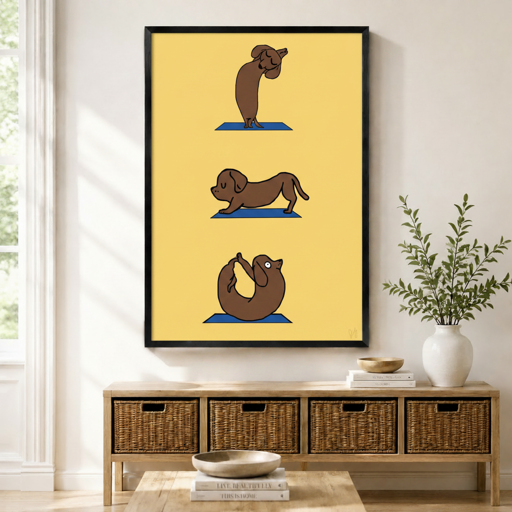 Framed canvas print of a cartoon dachshund dog performing three yoga poses on blue mats against a bright yellow background, displayed above a wicker basket sideboard in a modern entryway