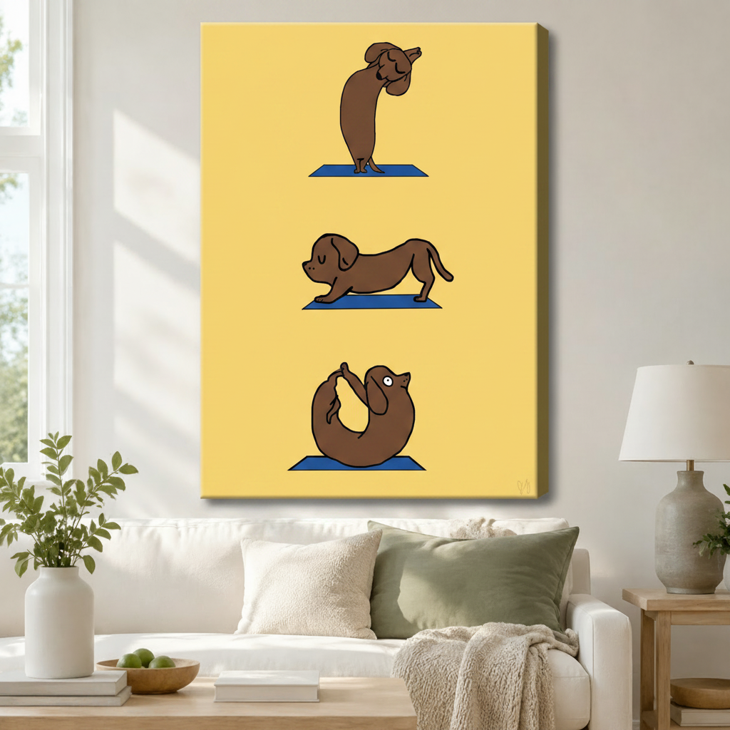 Gallery wrap canvas wall art featuring a funny dachshund doing yoga in three positions on a sunny yellow background, hung above a white sofa in a bright Scandinavian living room