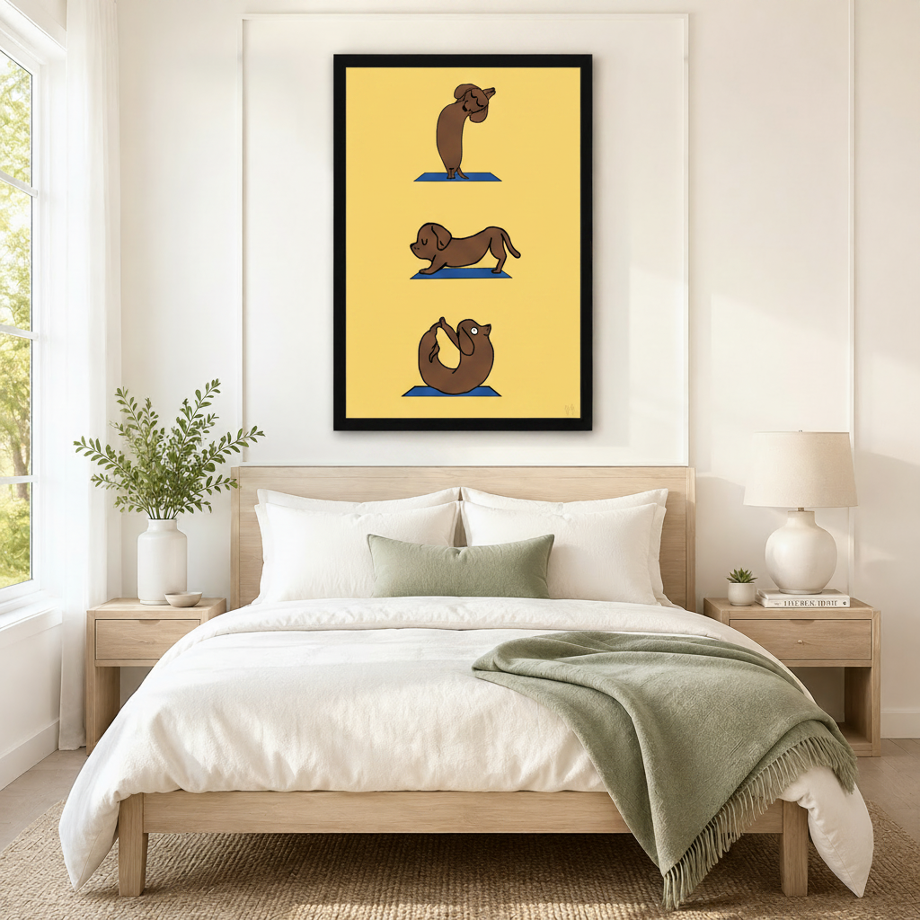Large framed canvas art of a whimsical dachshund performing yoga poses on blue mats against a bright yellow background, hung above a neutral linen bed in a minimalist Scandinavian bedroom