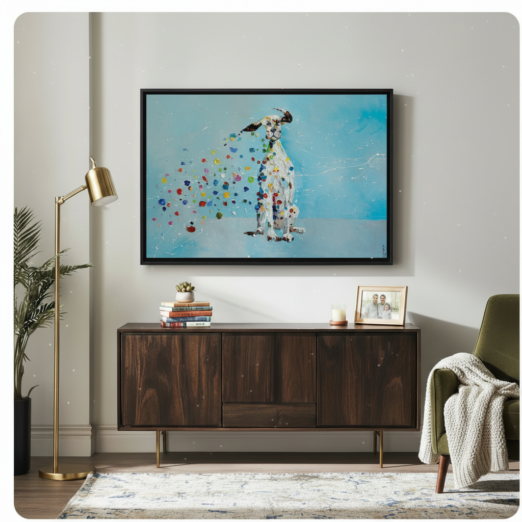 Large framed Dalmatian dog canvas art with colorful paint splatter dots above wooden sideboard in contemporary living space