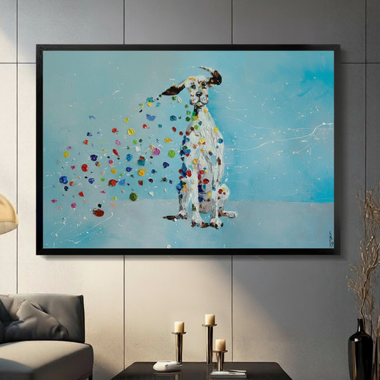 Framed Dalmatian dog artwork featuring expressive colorful paint dots on sky blue canvas displayed on grey wall above console