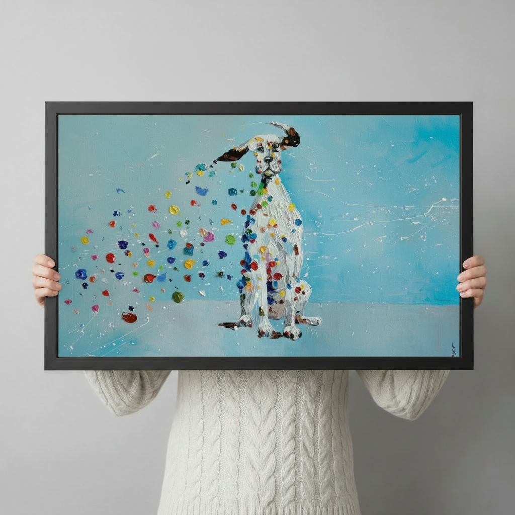 Close-up of framed Dalmatian dog oil painting with vibrant multicolor spots held by person in white sweater