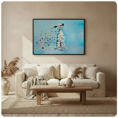 Colorful Dalmatian dog canvas wall art in black frame displayed above beige sofa in minimalist living room