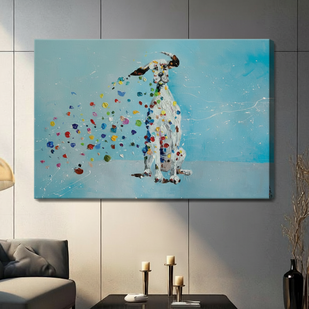 Unframed Dalmatian dog canvas print with scattered colorful dots on light blue background mounted on grey panel wall