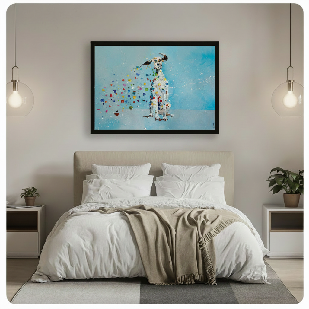 Abstract Dalmatian dog framed print with multicolor spots hanging above bed in modern neutral bedroom
