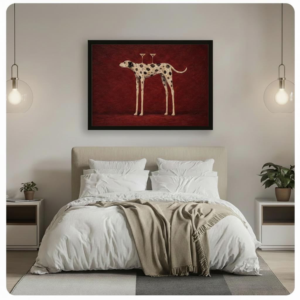 Surreal Dalmatian with martini glasses framed canvas wall art mounted above beige upholstered headboard in minimalist bedroom with globe pendant lights
