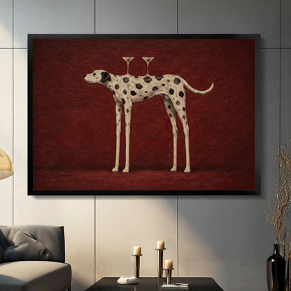 Surreal Dalmatian with martini glasses black float framed canvas wall art on dark gray paneled wall in contemporary living room with candles