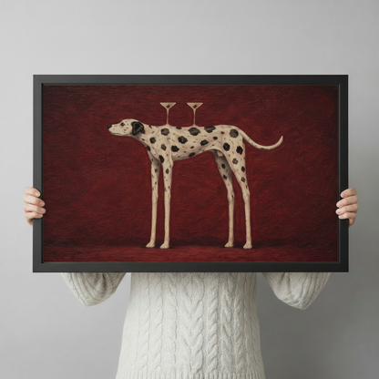 Person in white cable-knit sweater holding surreal Dalmatian martini framed canvas wall art against light gray background