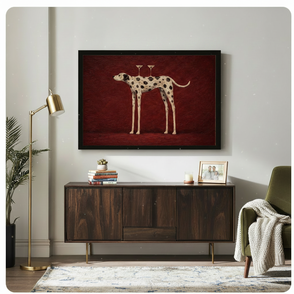 Surreal Dalmatian with martini glasses framed canvas wall art hanging above dark walnut sideboard in modern living room with gold floor lamp