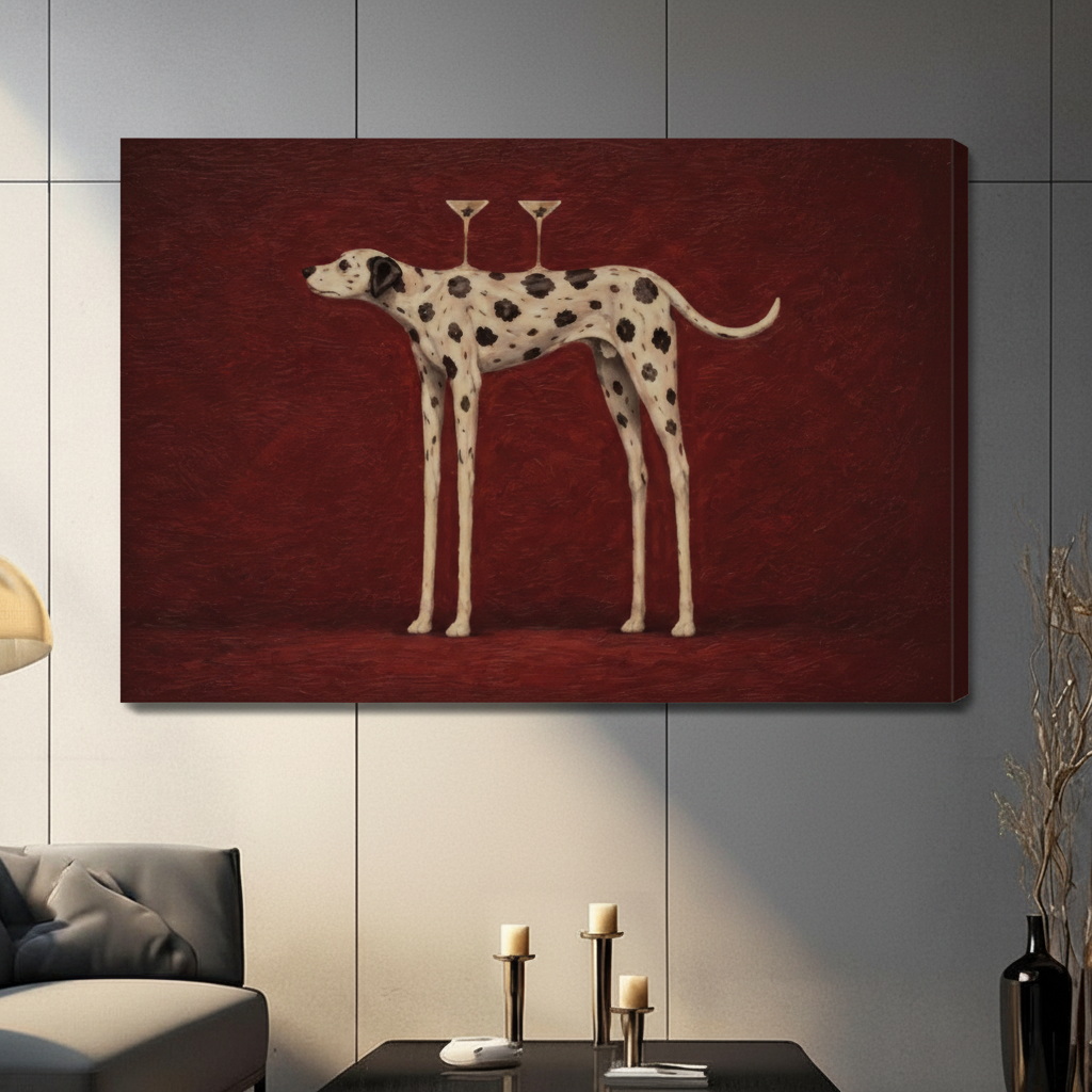Surreal Dalmatian with martini glasses stretched canvas wall art displayed on dark gray paneled wall with black candle holders and dried branch vase