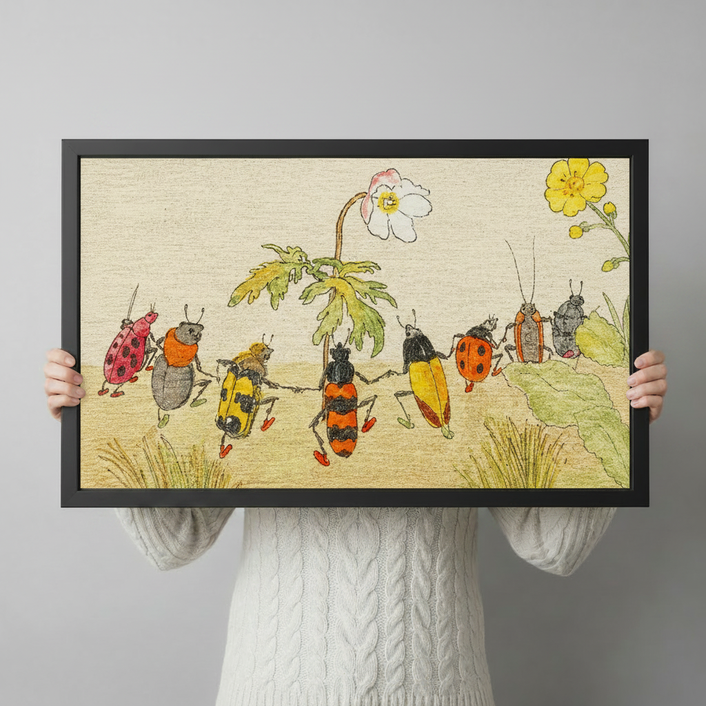 Close-up of a black framed dancing beetles vintage illustration print held by two hands showing vibrant colours and fine pencil detail