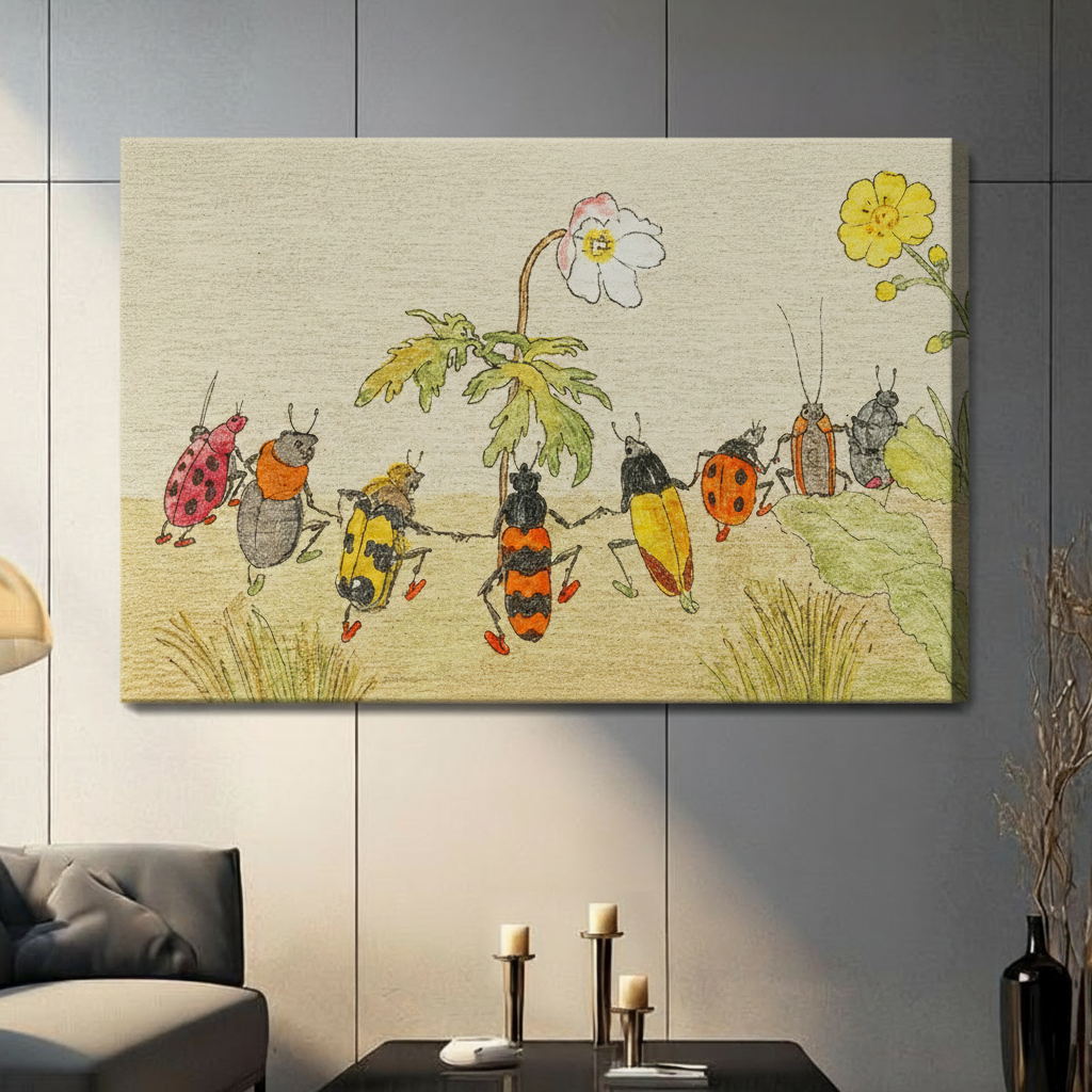 Stretched canvas wall art featuring colourful dancing beetles and wildflowers vintage illustration hung in a contemporary living room
