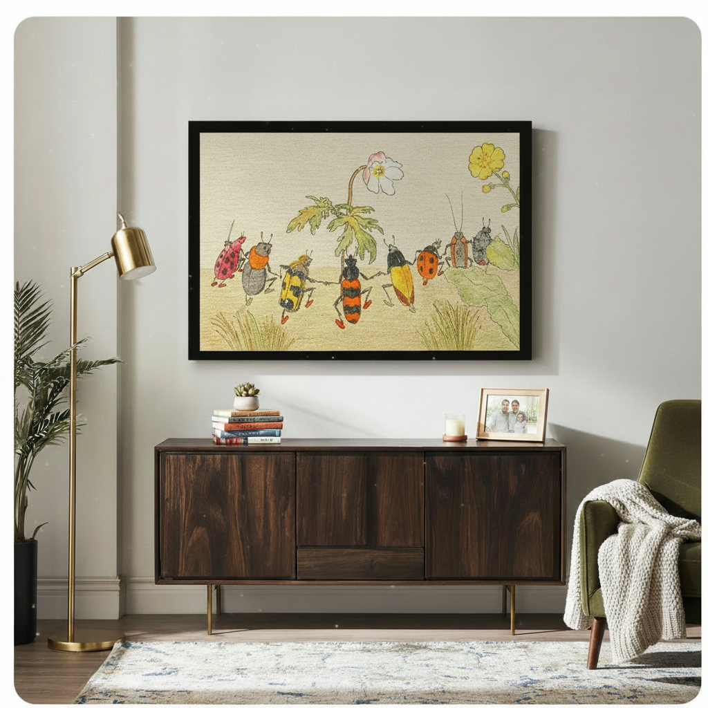 Dancing beetles colourful vintage illustration in a black frame mounted above a dark walnut sideboard in a warm eclectic living room