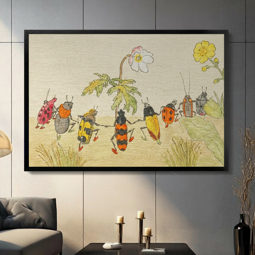 Dancing beetles vintage illustration framed print displayed on a grey wall above a console table in a modern living room with candles
