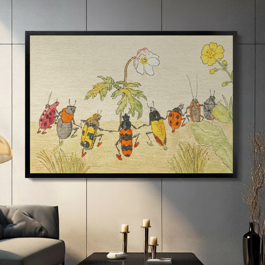 Dancing beetles vintage illustration framed print displayed on a grey wall above a console table in a modern living room with candles
