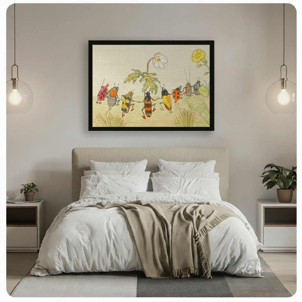 Dancing beetles whimsical vintage framed wall art hanging above a bed in a bright minimalist bedroom with pendant lights and white bedding