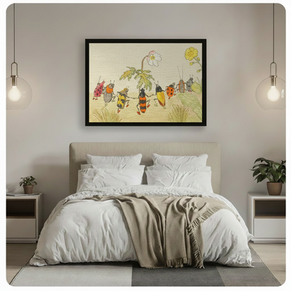 Dancing beetles whimsical vintage framed wall art hanging above a bed in a bright minimalist bedroom with pendant lights and white bedding