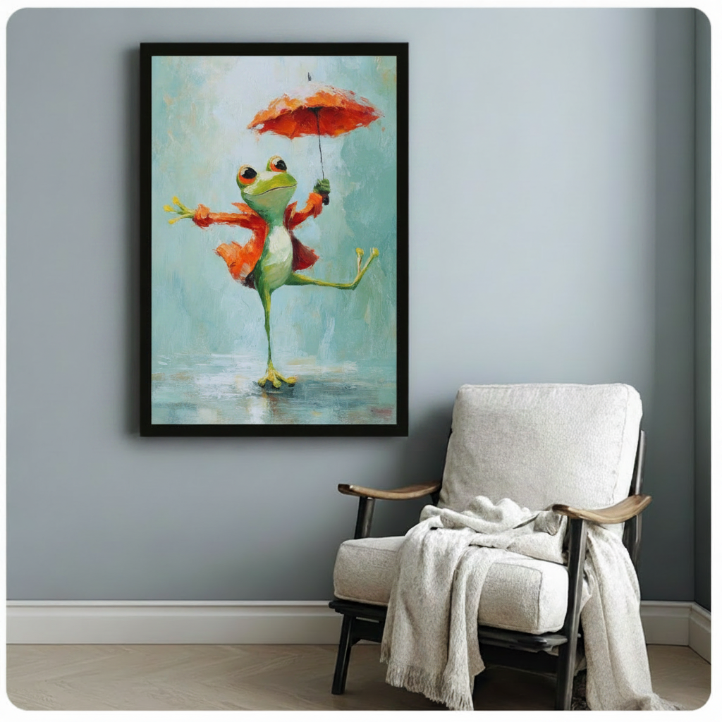 Framed oil painting style canvas of a dancing frog with red umbrella in rain, styled in a cozy reading nook with light grey wall