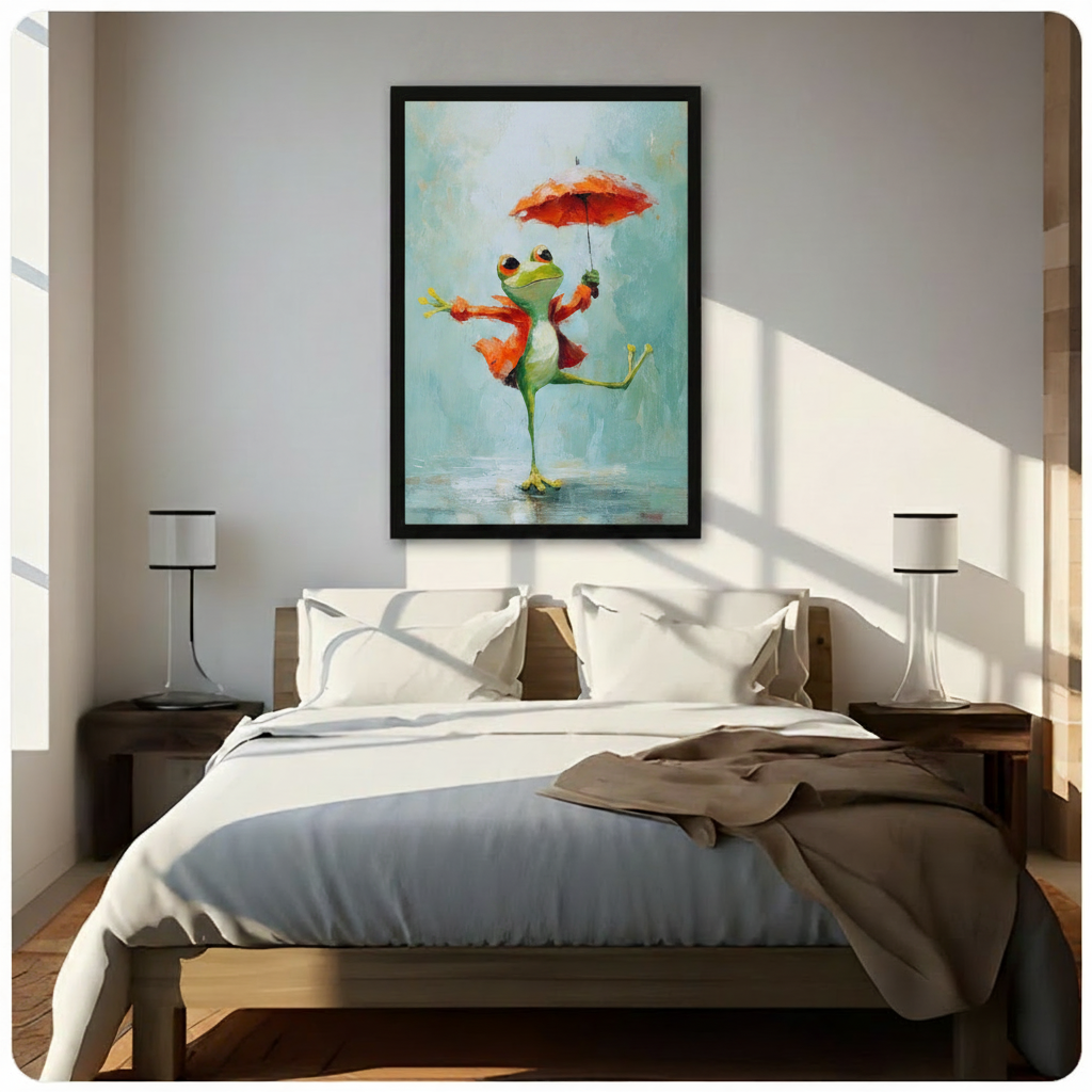 Black framed canvas wall art of a dancing frog holding a red umbrella, displayed above a bed in a sunlit minimalist bedroom
