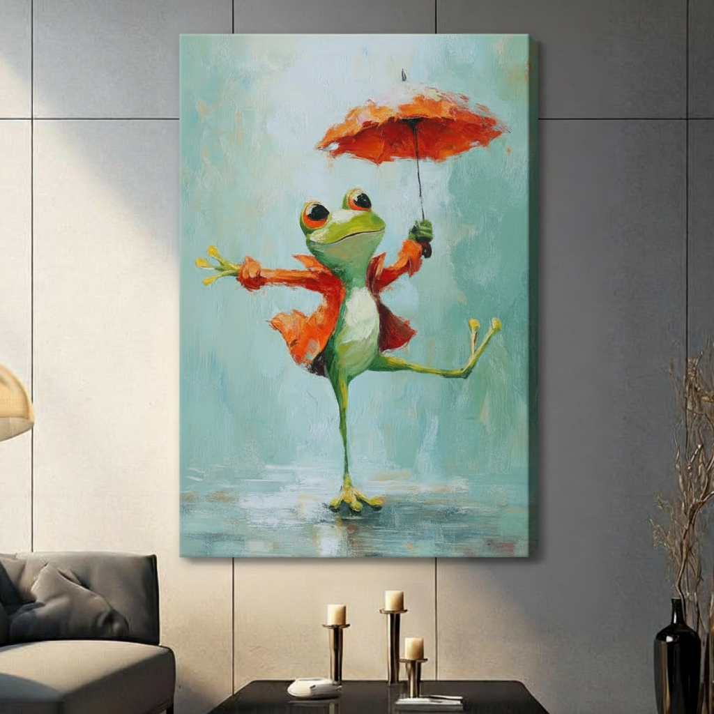 Gallery wrap canvas print of a cheerful green frog dancing in the rain with a red umbrella, frameless style on dark wall