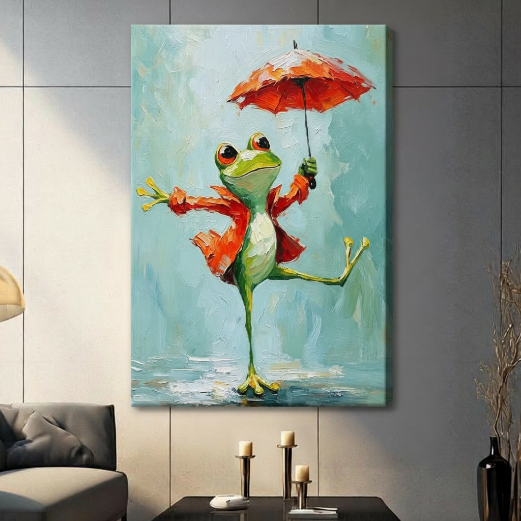 Whimsical impasto oil painting of a joyful green frog dancing upright on one leg wearing an open red-orange jacket with a bright red umbrella raised in one hand and the other arm spread wide with a reflective water puddle at its feet against a textured mint blue-green brushstroke background cheerful frog wall art stretched canvas in a living room with dark gray panel wall dark sofa and black vase