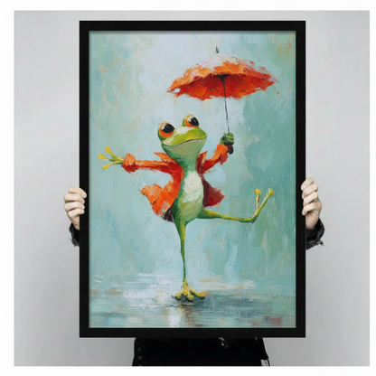Person holding a framed canvas print of a green frog dancing in the rain with a red umbrella, showing actual print size