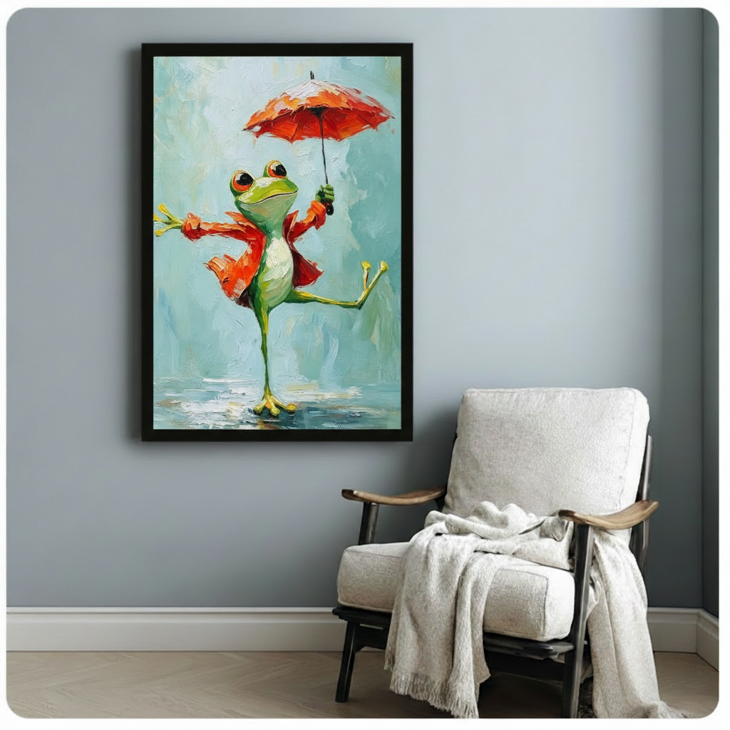 Whimsical impasto oil painting of an exuberant bright green frog in a loose red-orange jacket dancing on one slender leg with one arm spread out and the other holding a small red umbrella aloft its cream belly and yellow-green webbed toes visible above a shimmering water puddle on a thick-textured mint blue background playful frog wall art framed print beside a white linen armchair on a blue-gray wall