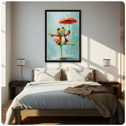 Whimsical impasto oil painting of a gleeful green tree frog dancing upright on one spindly leg with big round orange-red eyes a broad smile an open red-orange jacket arms spread in motion one hand gripping a small red umbrella overhead and yellow-green splayed toes above a light puddle reflection against a heavily textured mint blue-green painted background whimsical frog wall art framed print above a bedroom with white linen bedding and dark wood bedside tables