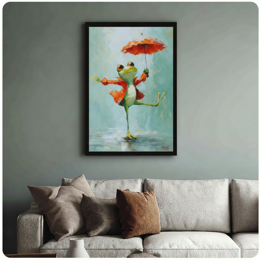Black framed canvas art featuring a joyful frog dancing with a red umbrella, hung above a neutral sofa on a sage green wall