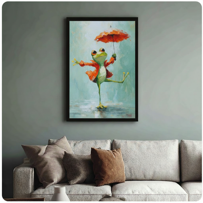 Black framed canvas art featuring a joyful frog dancing with a red umbrella, hung above a neutral sofa on a sage green wall