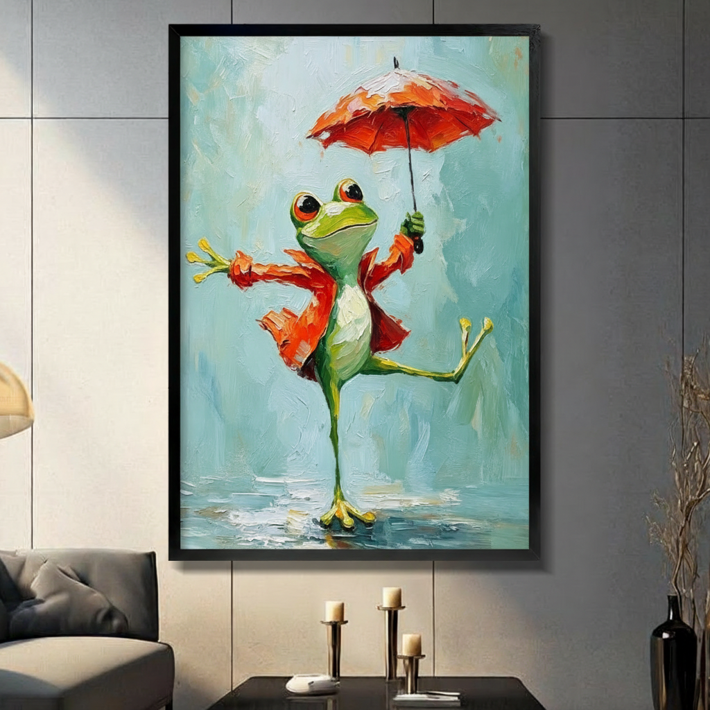 Whimsical impasto oil painting of a cheerful dancing green tree frog standing on one leg with large orange-red eyes a wide smile a flapping red-orange open jacket one arm extended wide and the other raised holding a vivid red umbrella above a shallow reflective puddle on a heavily textured mint and teal brushstroke background fun frog wall art framed print in a living room with dark gray panel wall dark sofa and black vase